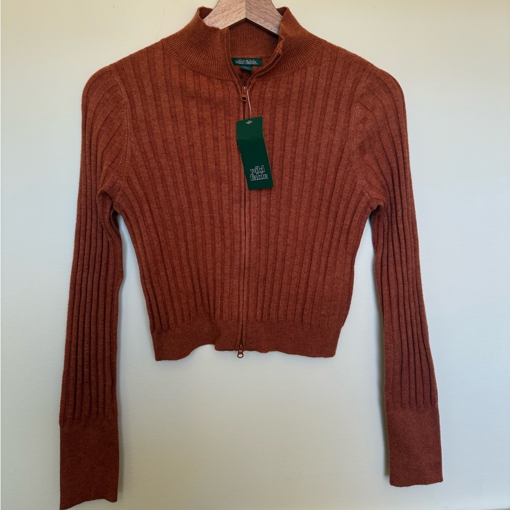 NWT Wild Fable Burnt Orange Ribbed Midriff Sweater Two-Way Zipper | Size S
